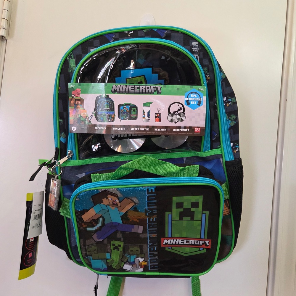 Minecraft 5 Piece Backpack Set 17 Inch Bag Lunch Kit Headphones Water Bottle NEW